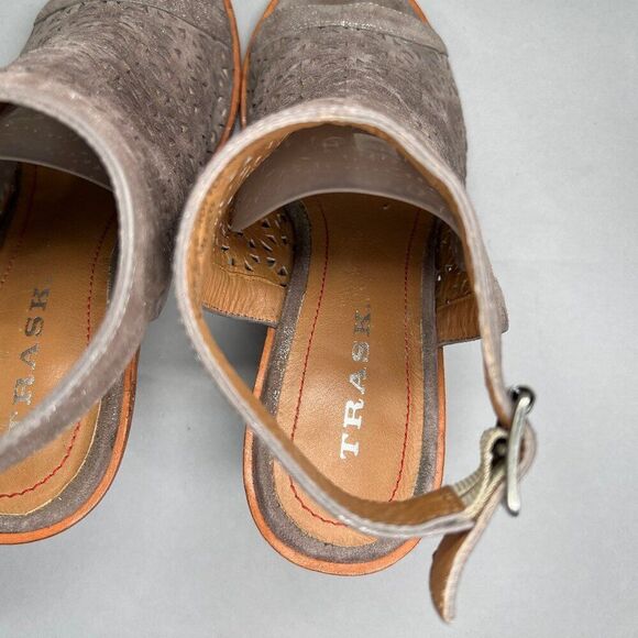 Trask Parker Sandals Women's 7 Pewter Suede Perforated Heeled Slingback Heels - Picture 9 of 11